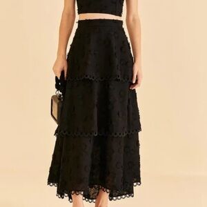 Farm Rio Black 3D Flower Tiered Midi Skirt Size Small